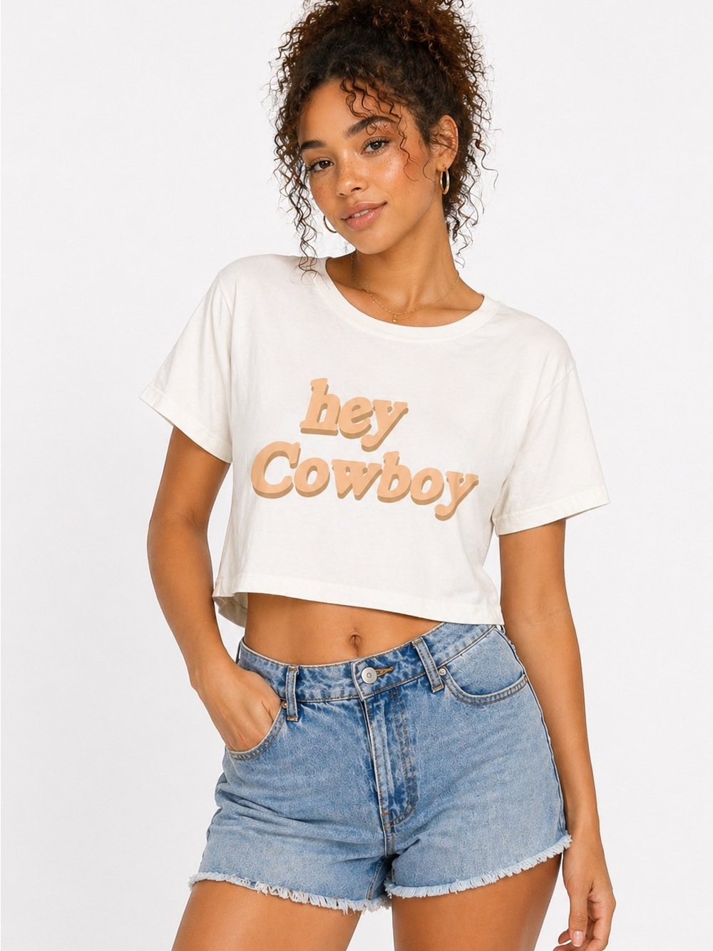 Hey Cowboy Cropped Graphic Tee in Cream